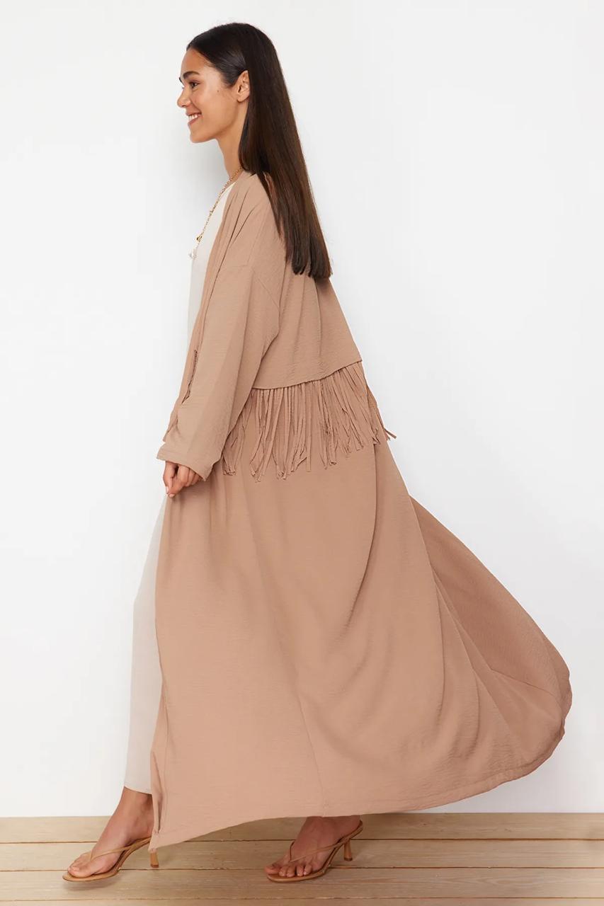 Abaya Pink Beige with Fringes Long